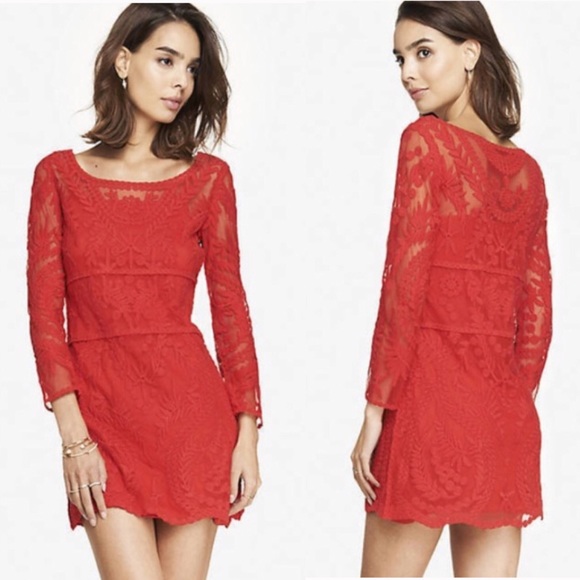 Express Dresses & Skirts - Express red crochet lace dress long sleeve mini S